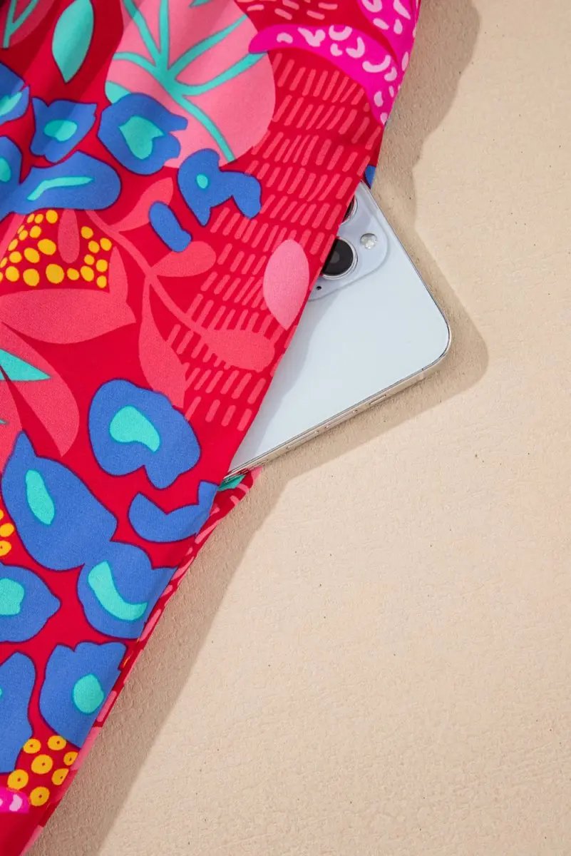 Rose Tropical Printed Lantern Sleeve V Neck Ruffled Plus Size Mini Dress - Love Salve